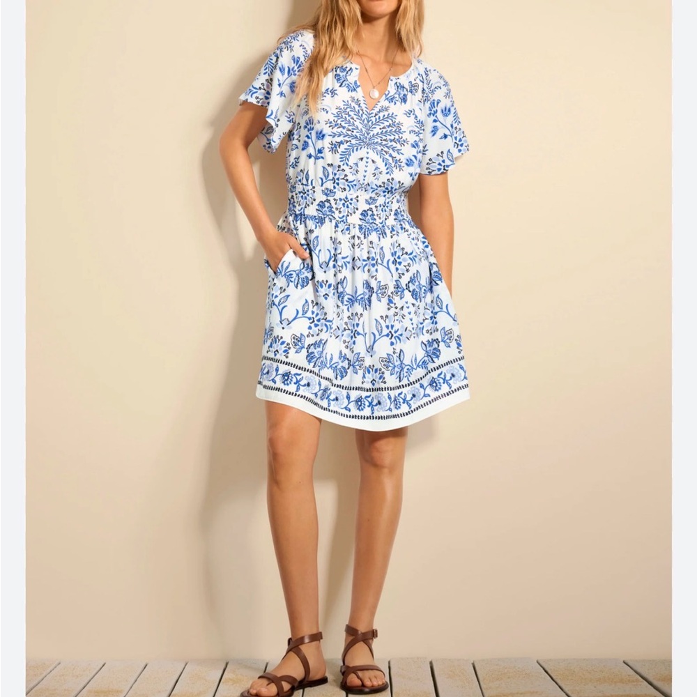 CAbi White Mini Dress with Blue Floral Design